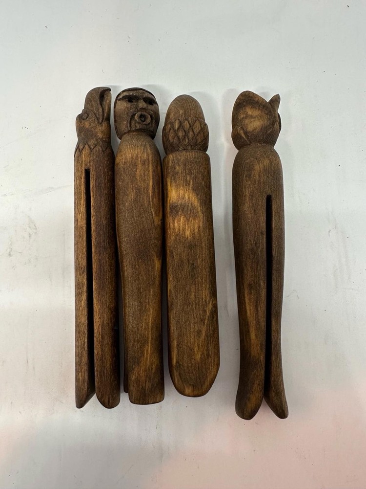 Vintage Hand-Carved Wooden Clothespins – Folk Art Dolly Peg Set of 4