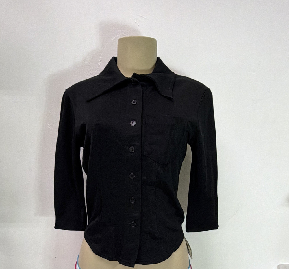 Cheryl Creations Black Nylon Lycra Collared Button-Front Top, 3/4 Sleeve S