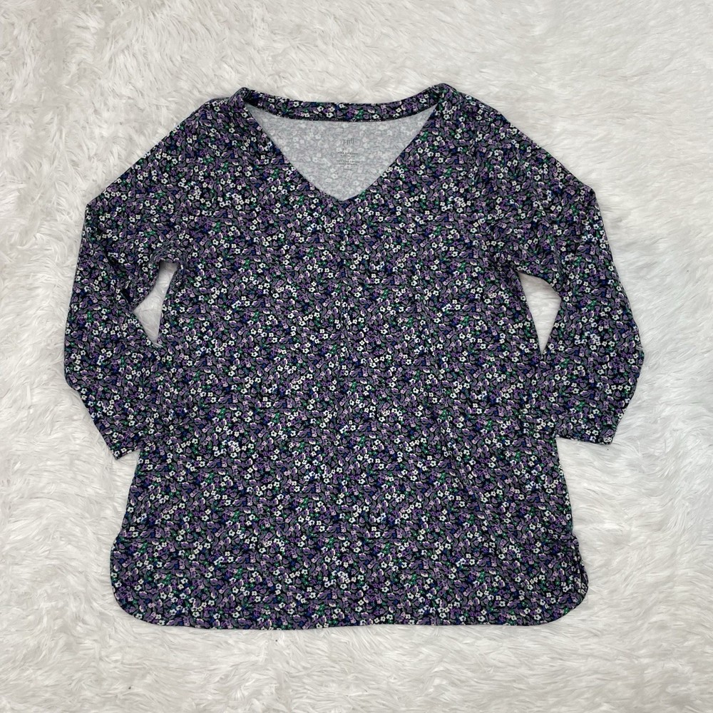 J. Jill Pima 3/4 Sleeve V-Neck Tee Purple Floral Shirt Women’s Size S Small