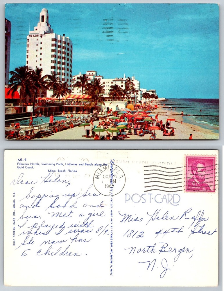 Vintage Miami Beach FL Postcard - Versailles Hotel & Lively Beach Scene 1964