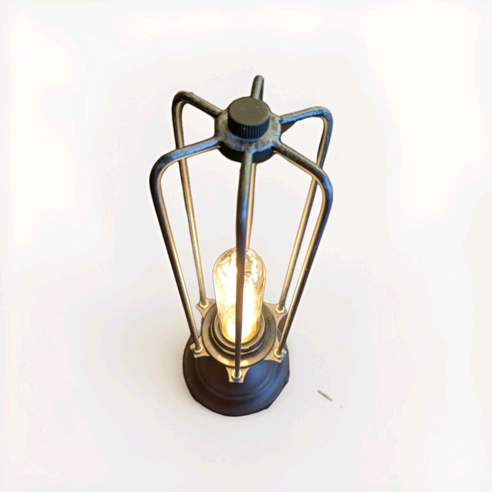 Industrial Black Cage Table Lamp with Edison Style Lightbulb 13 inch Tall