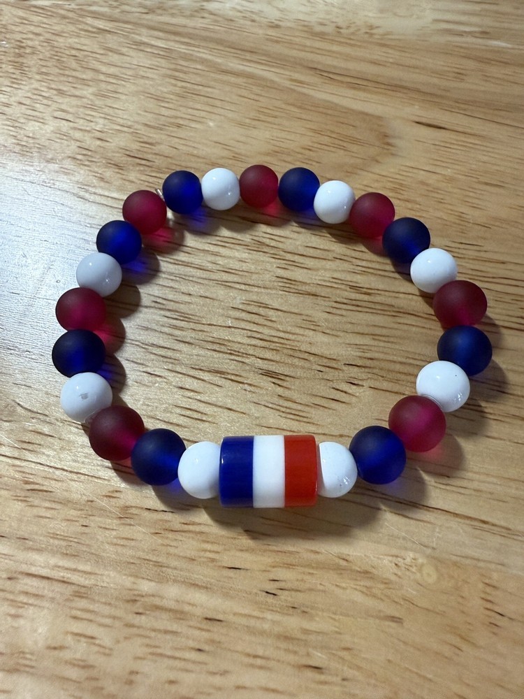 Red White And Blue Stretch Beaded Bracelet, Handmade, Patriotic Bracelet, 6.50”