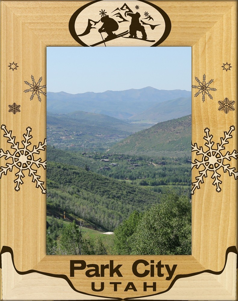 Park City Utah with Skier Laser Engraved Wood Picture Frame Portrait (4 x 6)