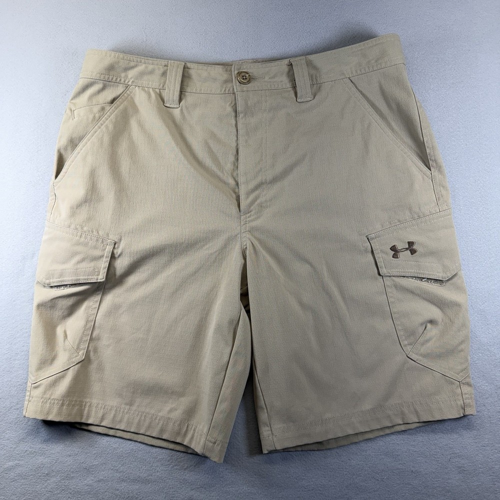 Under Armour Cargo Shorts Mens 36x10 Khaki HeatGear Loose Ripstop Hiking Outdoor