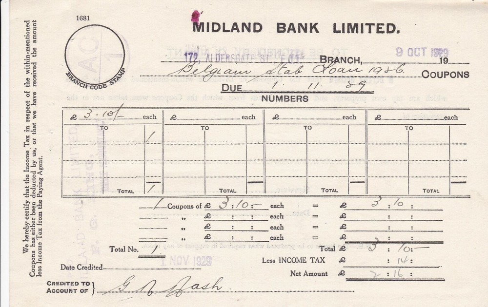 MIDLAND BANK LIMITED,1929 Aldersgate Branch Belgian Loan Coupons Receipt Rf45925