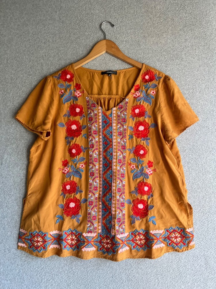 Andree By Unit Blouse Womens Large Floral Embroidery Boho Peasant Hippie Artsy