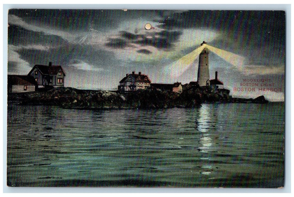 c1910 Moonlight Lighthouse Boston Light Boston Harbor Massachusetts MA Postcard