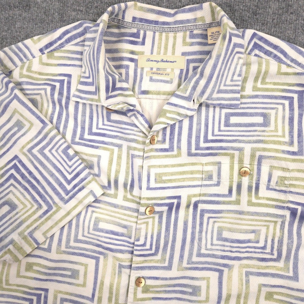 Tommy Bahama Camp Shirt Mens XL Blue Green Geometric Silk Preppy Resort Casual