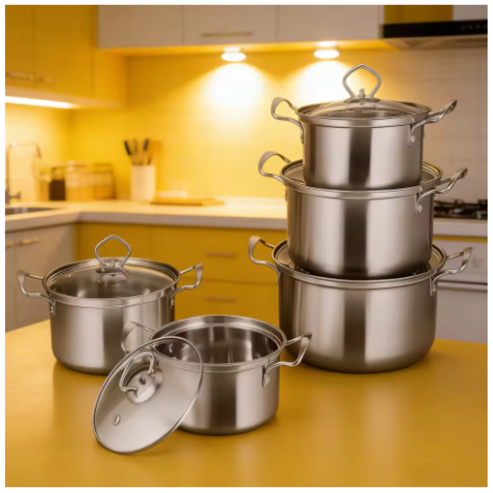 15PCS Stainless Steel Cookware Set – Nonstick Frying Pan, Stew Pot & Wok