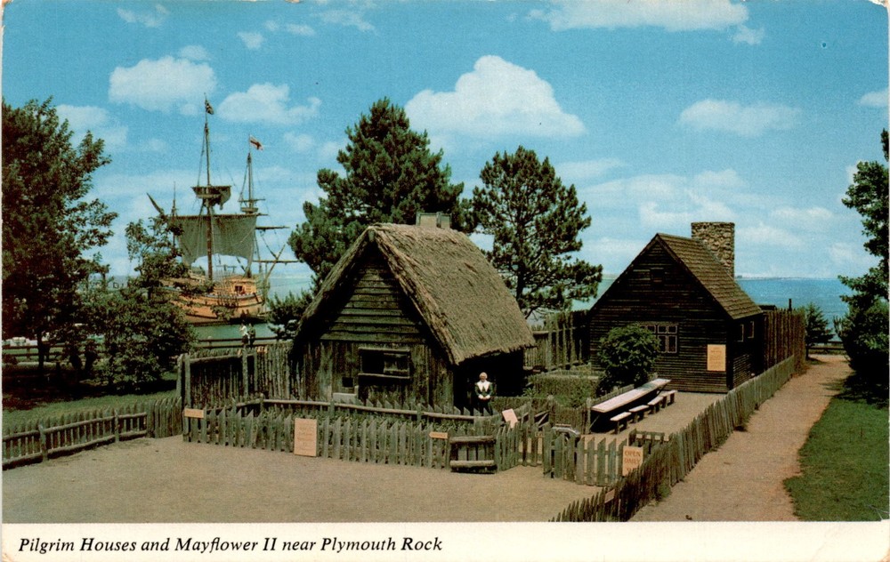 Plymouth Rock, Pilgrim Houses, Mayflower II, Plimoth Plantation, Postcard