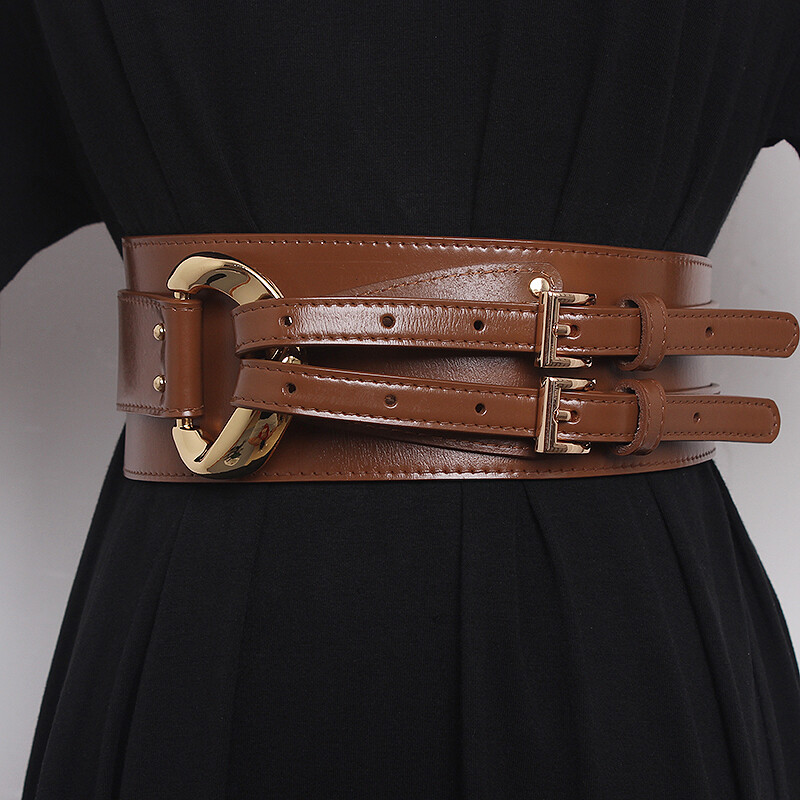 Women Cowhide Leather Corset Belt Double Prong Buckle Wide Decorative Waistband