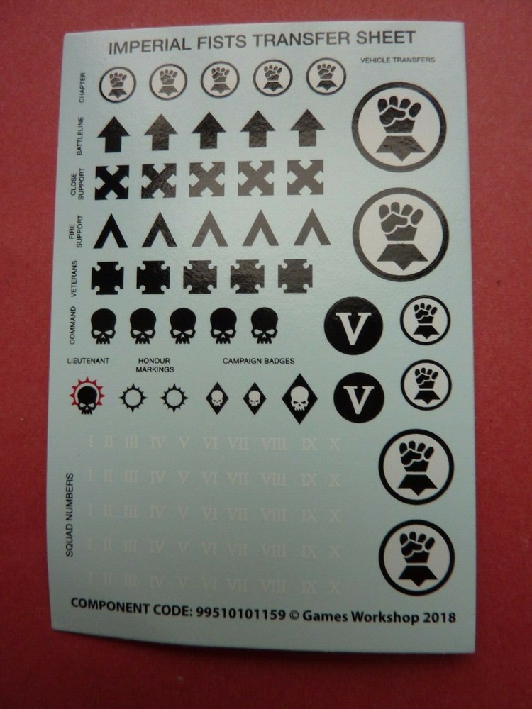 Space Marine PRIMARIS IMPERIAL FIST Transfer Sheet - Bits 40K