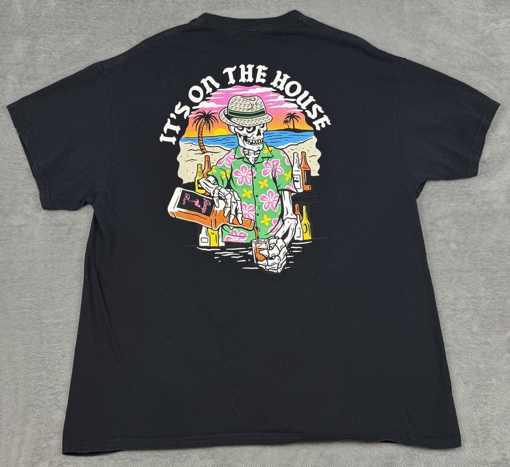 Retrofit T-Shirt Mens XL Black It's On The House Graphic Skull Skeleton Tropical
