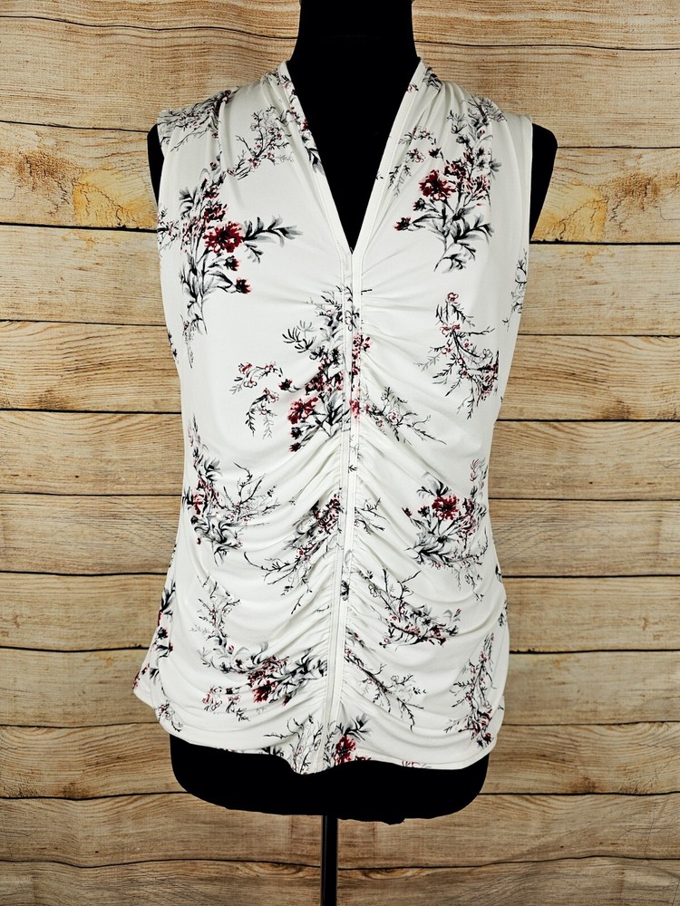 White House Black Market Floral Print Ruched Front Sleeveless Top Shirt Size L