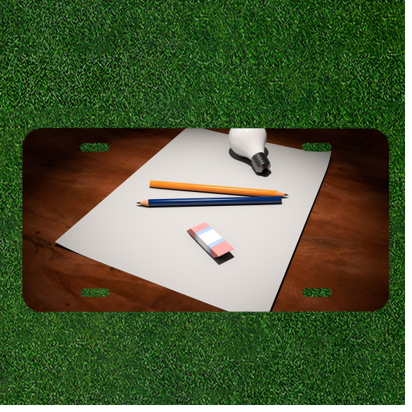 Custom Personalized Auto Tag With Paper Pencils And Eraser On Paper Design