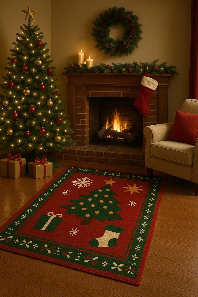 Hand-Tufted Wool Christmas Rug: Festive Holiday Tree Design