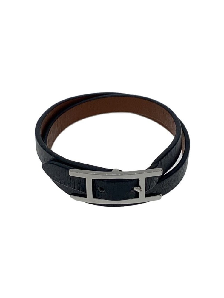 Hermes B-Apidouble Tour Leather Bracelet Black Women Scratched Hardware 272