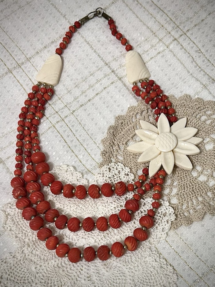 Antique Celluloid Necklace Bib Carved Flower Accent Dyed Red Victorian 20”
