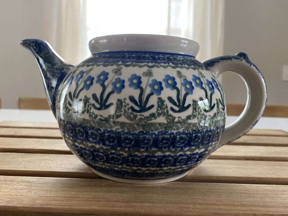 Bolesławiec Polish Pottery Stoneware Teapot In Blue Bells Pattern