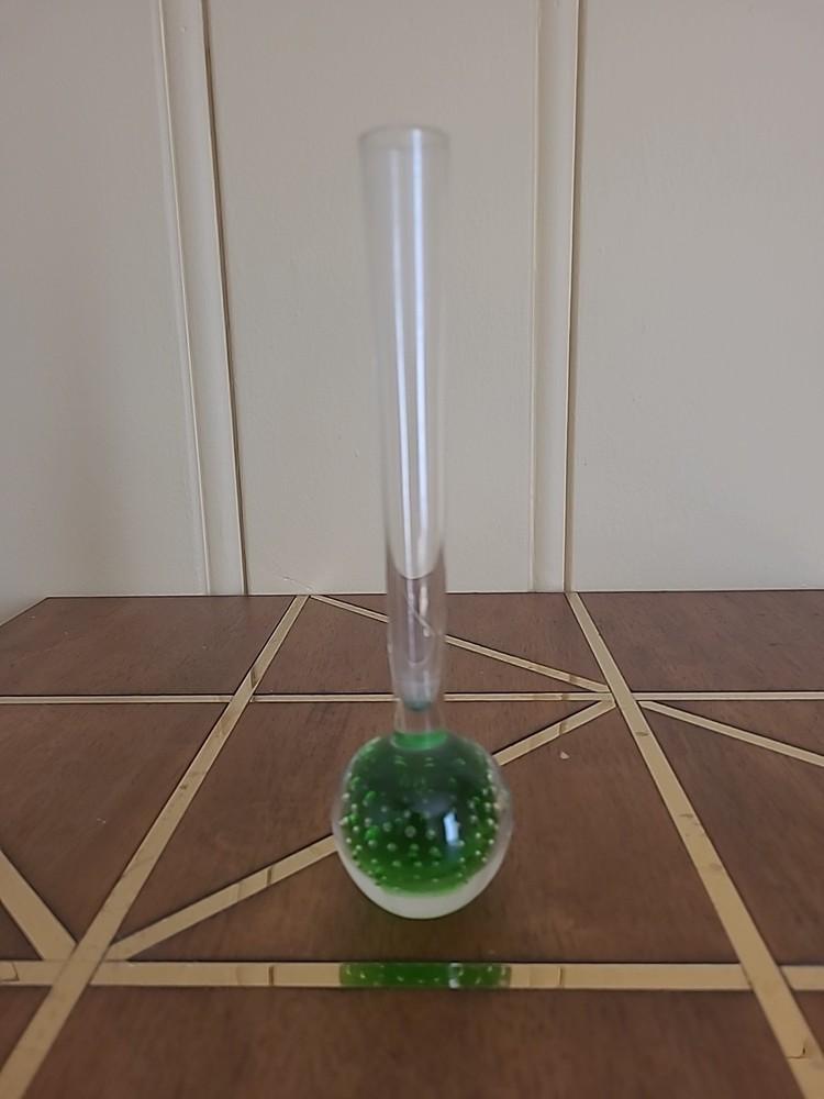 Vintage MCM Green Controlled Bubble Handblown Art Glass Bud Vase Paperweight 8”