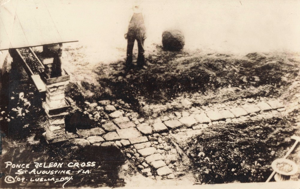 RPPC St. Augustine FL Ponce de Leon STONE CROSS at the Fountain of Youth Spring!