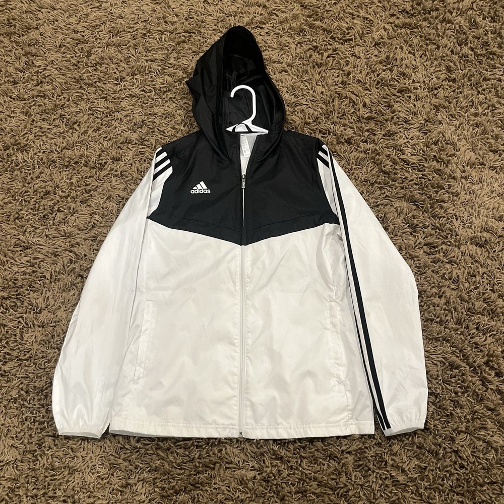 Adidas Black White Hooded Windbreaker Jacket 3-Stripes Full Zip Size S