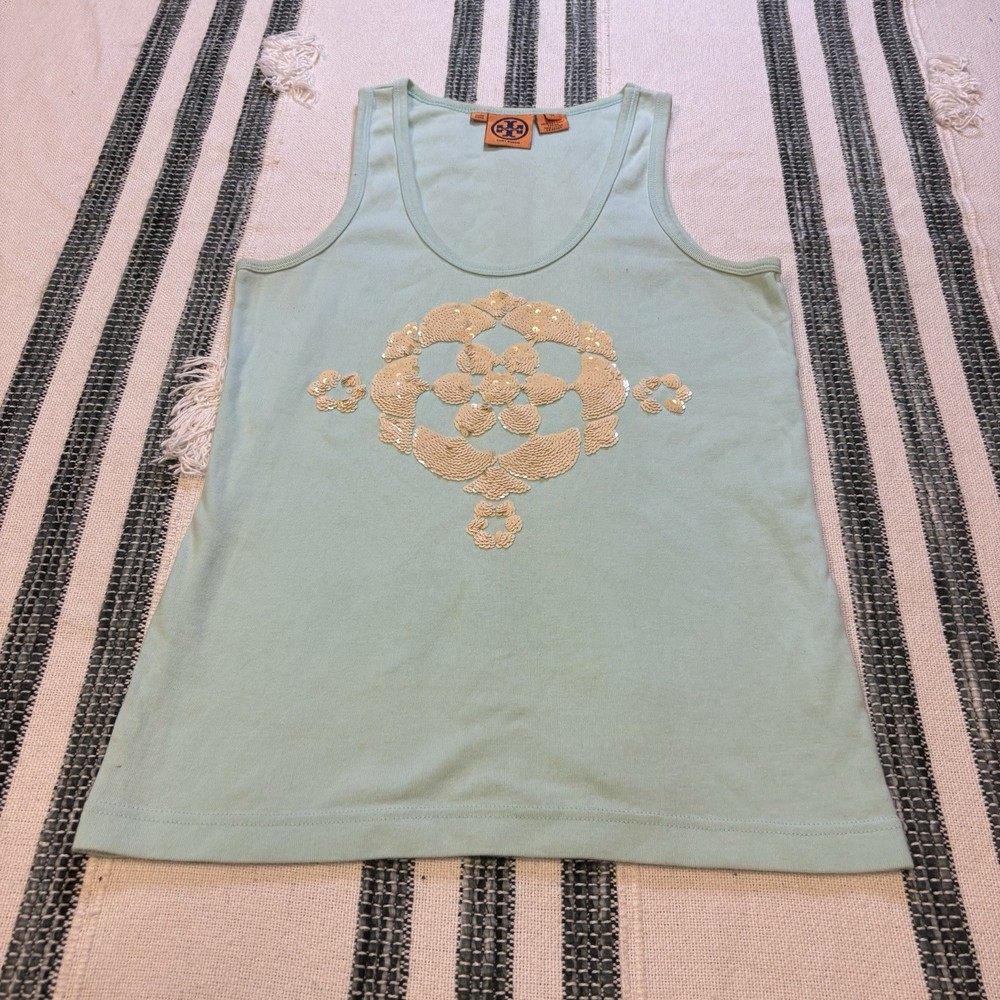 Tory Burch Tank Top Size M Medium Mint Green Sequin Medallion Embellished Cotton