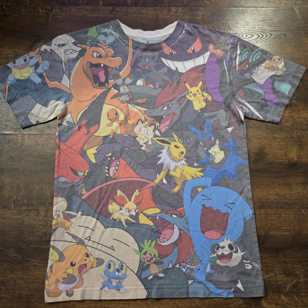 Pokemon Shirt Mens Medium Multicolor All Over Print Character Graphic Tee AOP