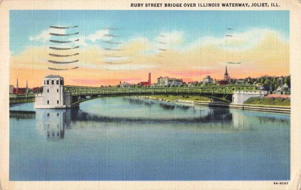 Joliet IL, Ruby Street Bridge over Illinois Waterway, Vintage Postcard