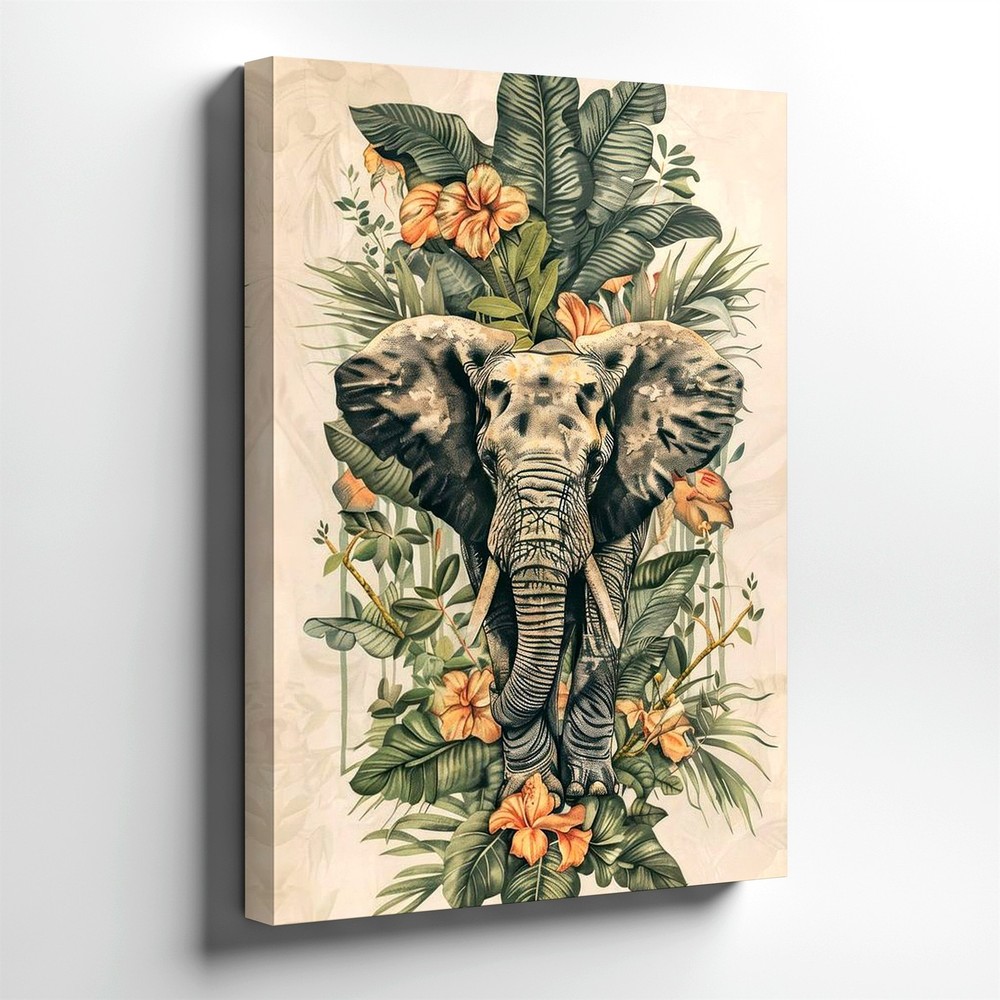 Wall Art Elephant Tropical Leaves Flowers Botanical Wildlife Canvas Print Decor