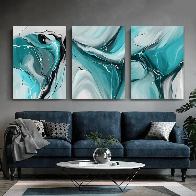 3pcs Blue White & Black Abstract Design Canvas Unframed