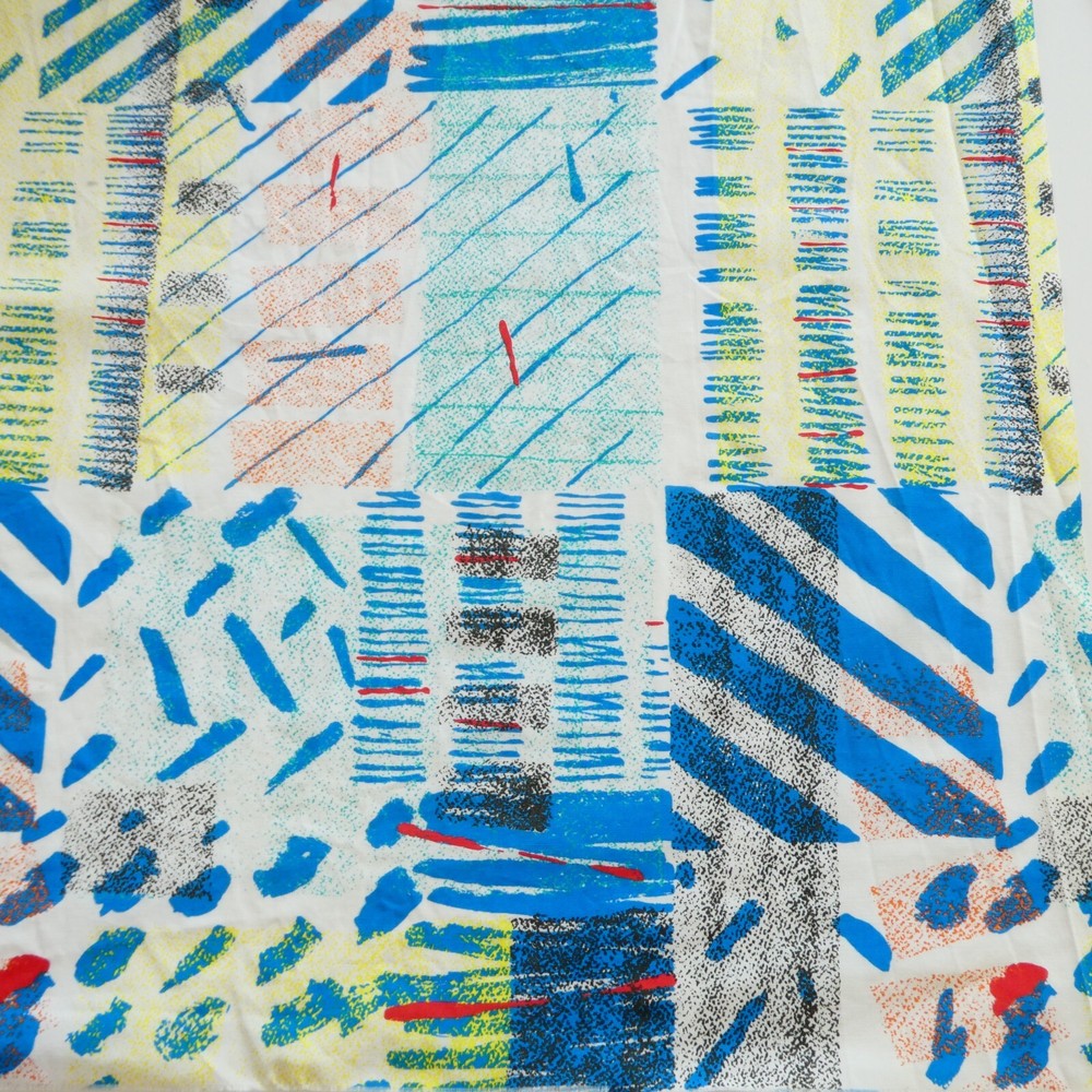 Vintage 1980s Graffiti Abstract Patchwork Fabric 48x100 inch Blue White Yellow-image
