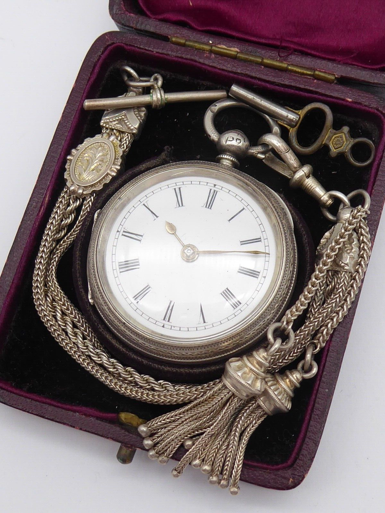 Antique Victorian Ladies Solid Silver Fob Watch with Albertina Chain in Box