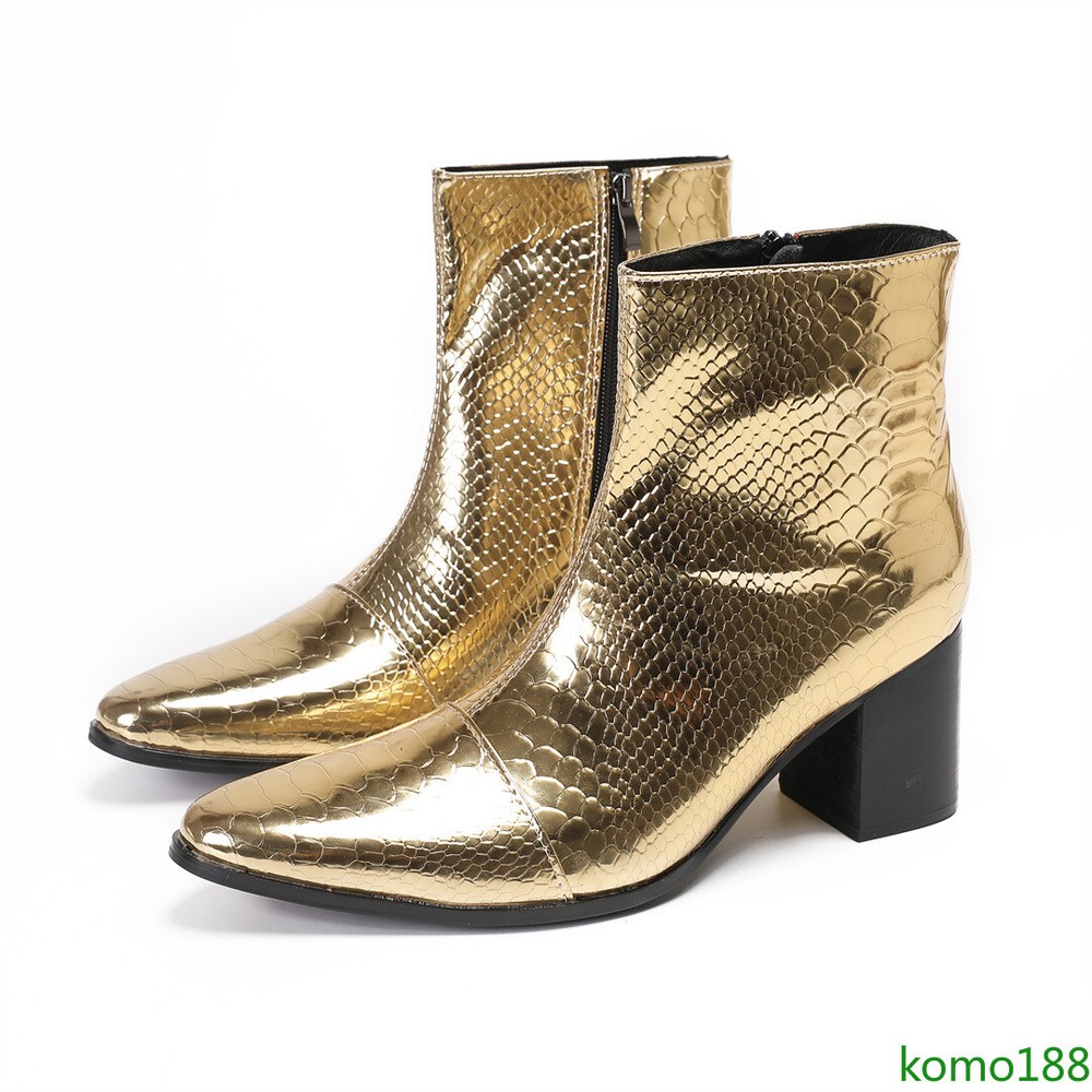 Mens Leather Ankle Boots Pointed gold dress zip block Heel Chelsea boot Shoes