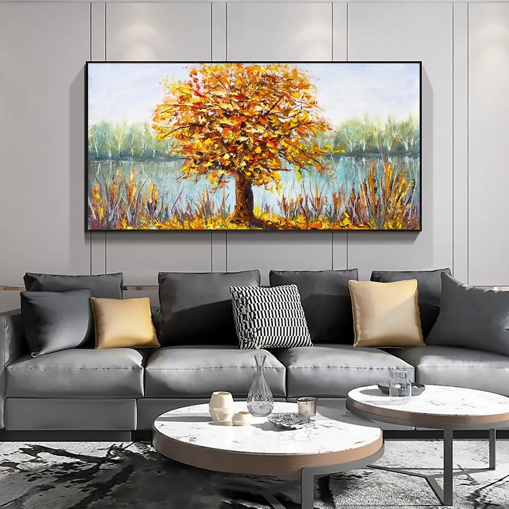 Blooming Yellow Tower Tree Hand Painted Oil Painting on Canvas Abstract Textured