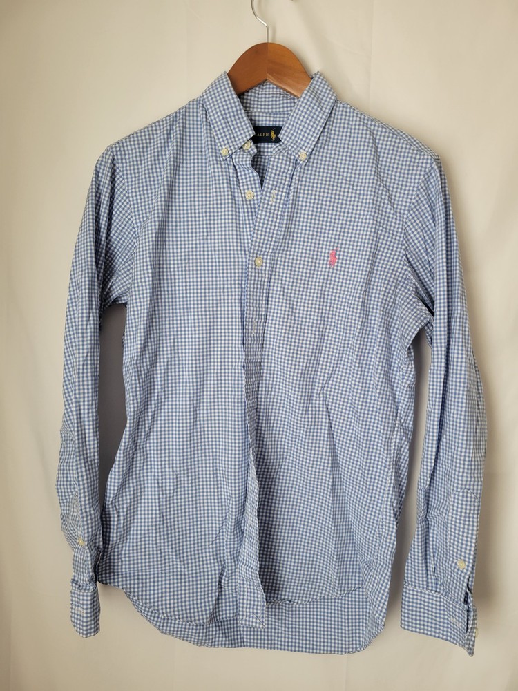Ralph Lauren Men's Blue White Gingham Check Button Down Long Sleeve Casual Shirt