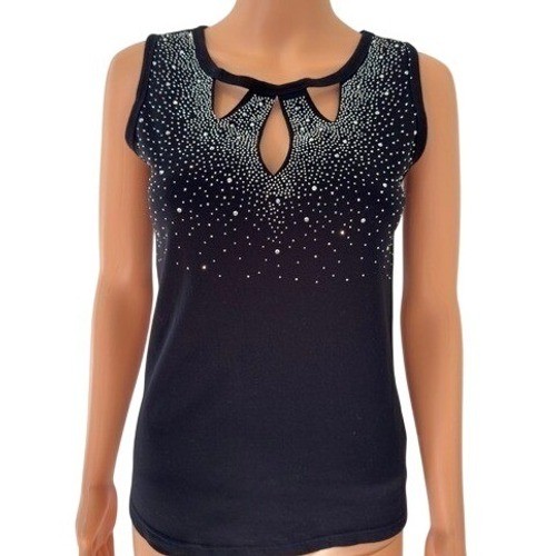 Black Rhinestone Keyhole Sleeveless Tank Top Studded Cutout Party Shirt