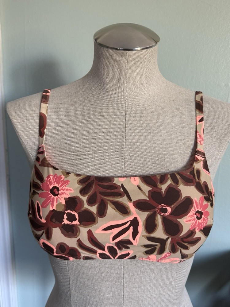 Aerie Women’s Brown Pink Floral Scoop Bikini Swim Top Size Large