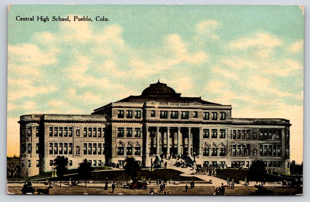 Pueblo Colorado CO Central High School Building People Vintage Postcard