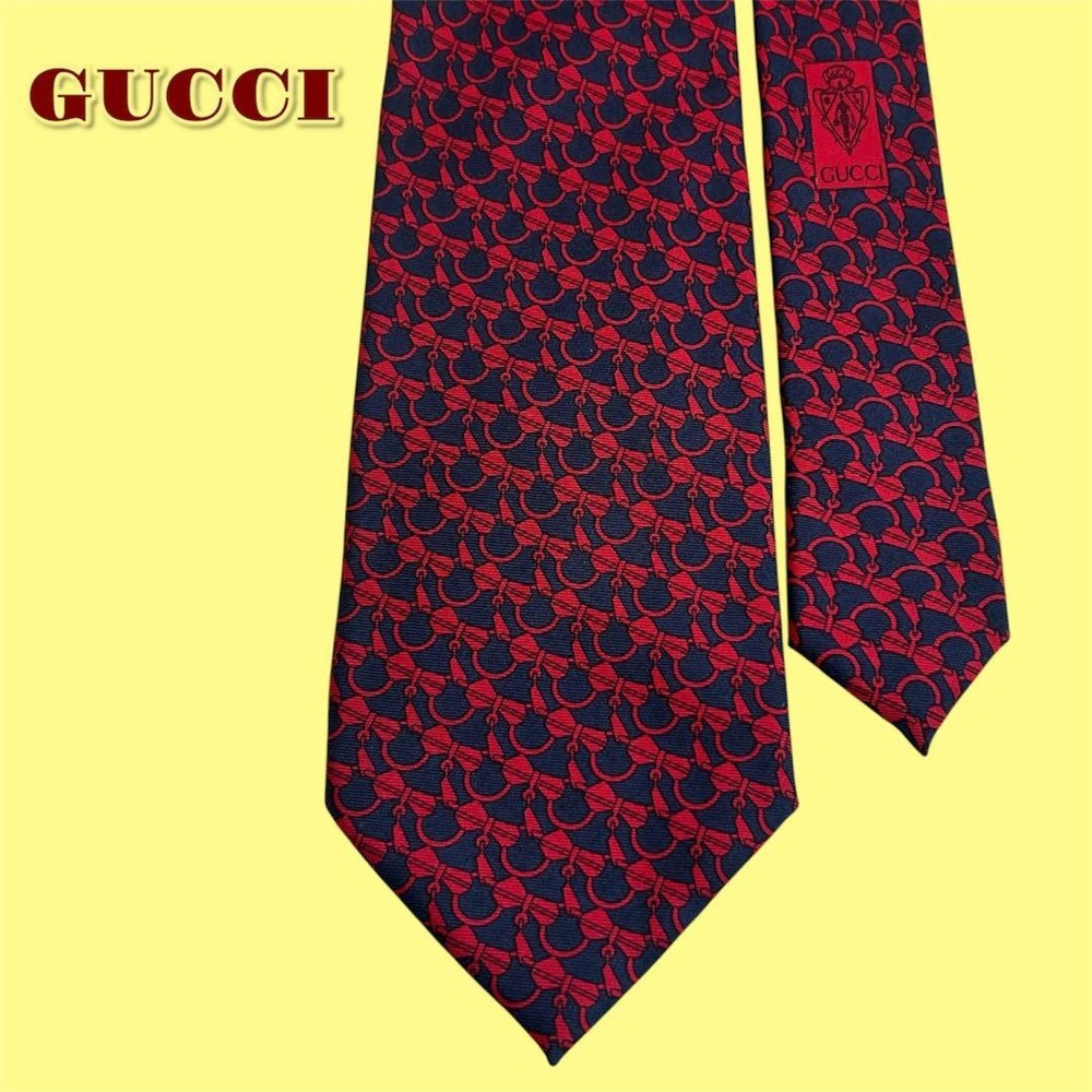 GUCCI Necktie Tie Navy Red All over small pattern 100% Silk Men's Made in Italy