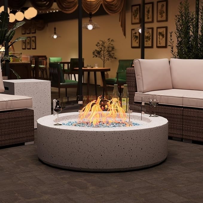 Round Propane Fire Pit Table Set For Patio, Premium Terrazzo Finish