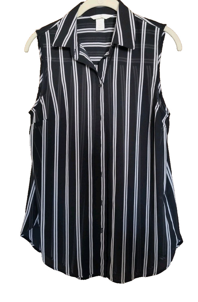 H&M Women's Size 4 Sleeveless Button Up Shirt Sheer Black White Stripe