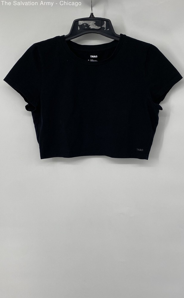TNA Womens Black Cotton Blend Crew Neck Short Sleeve Cropped Top Size XL