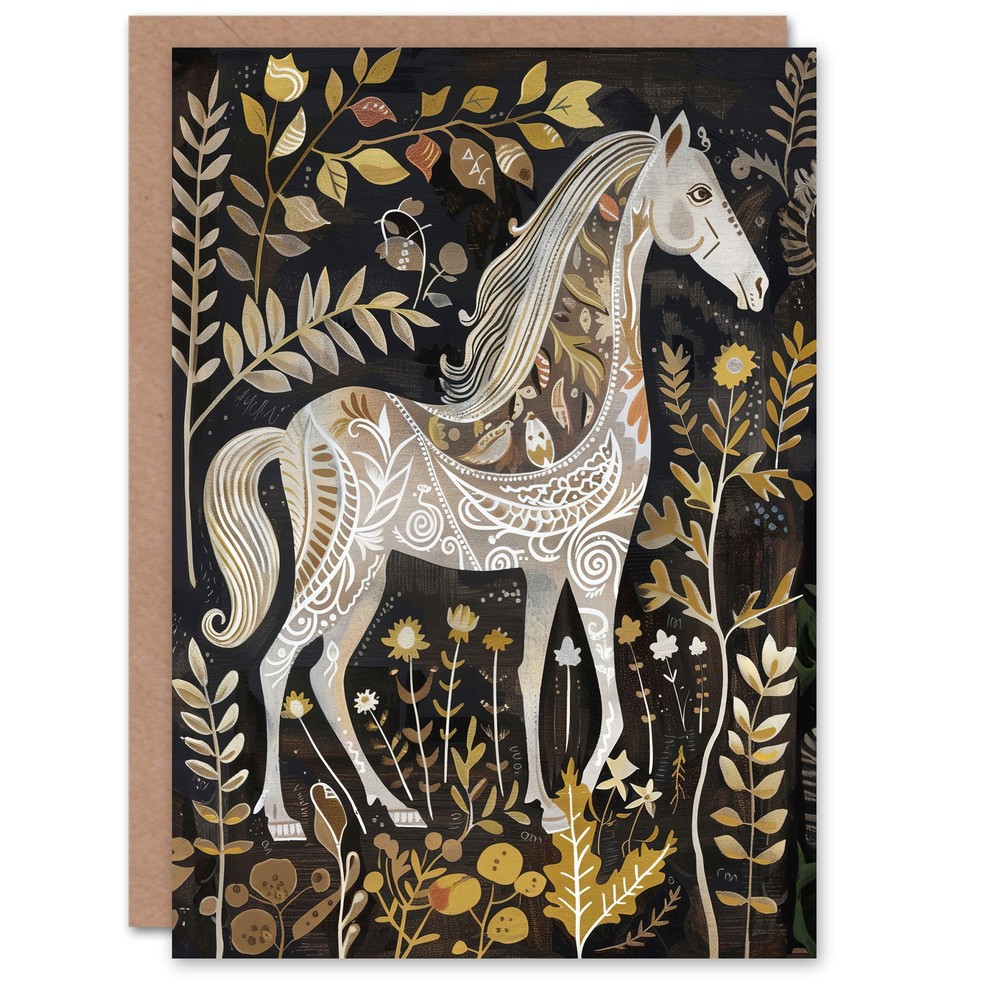Greeting Card Patterned Horse Woodland Forest Rustic Folk Art Blank Birthday