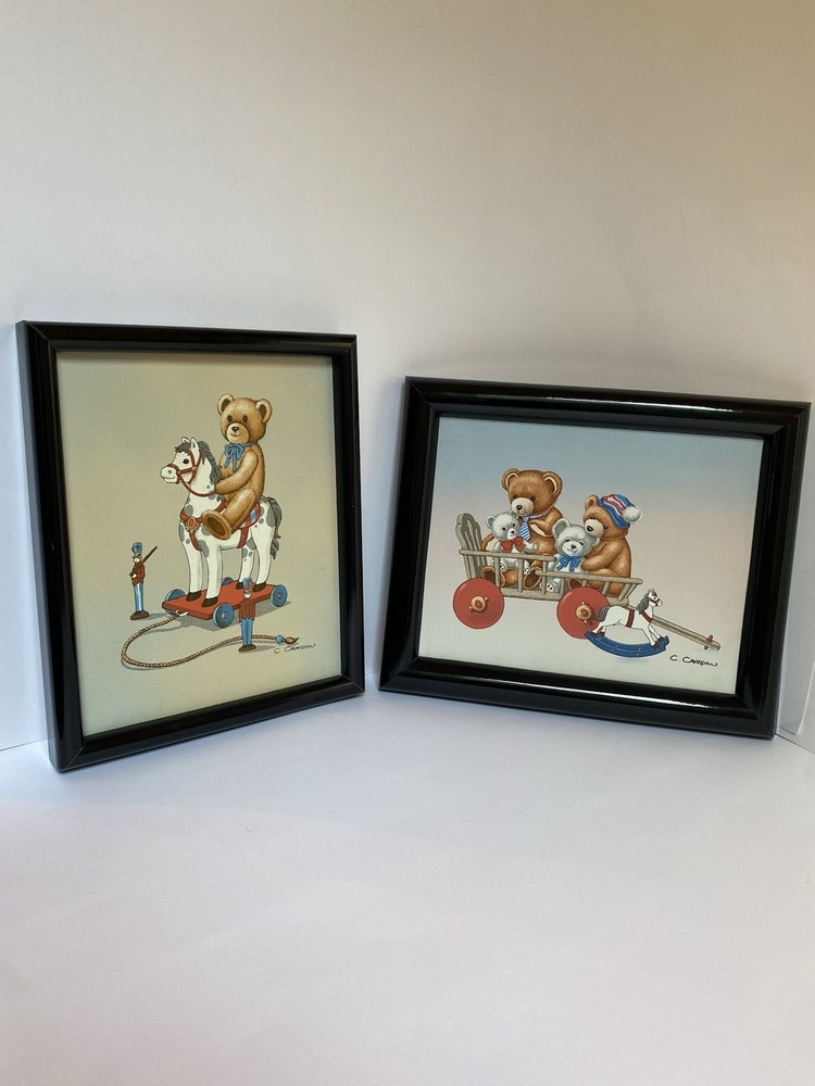 C. Carson Teddy Bear Nursery Paintings Hand-Painted Framed Whimsical Toy Art Lot