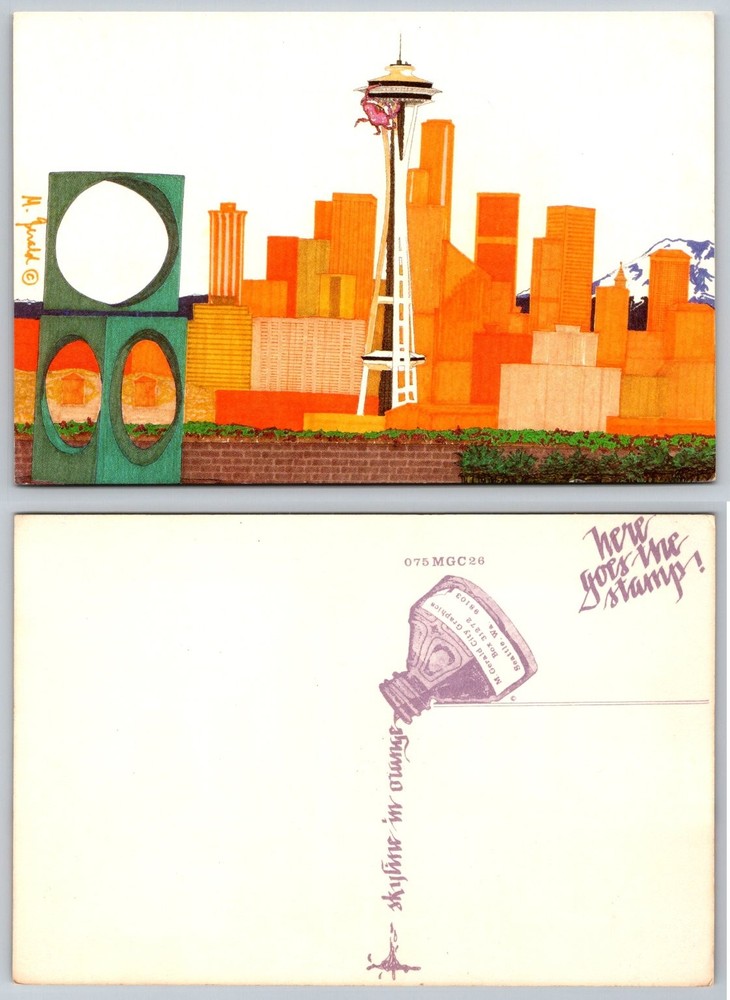 Seattle Space Needle Postcard M. Gerald Art King Kong Orange Skyline Vintage