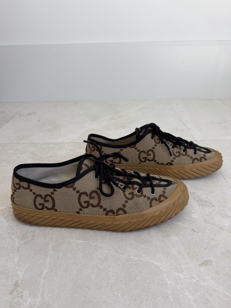 Gucci Men's Canvas Logo Print Lace-Up Sneakers Beige Brown Black Casual