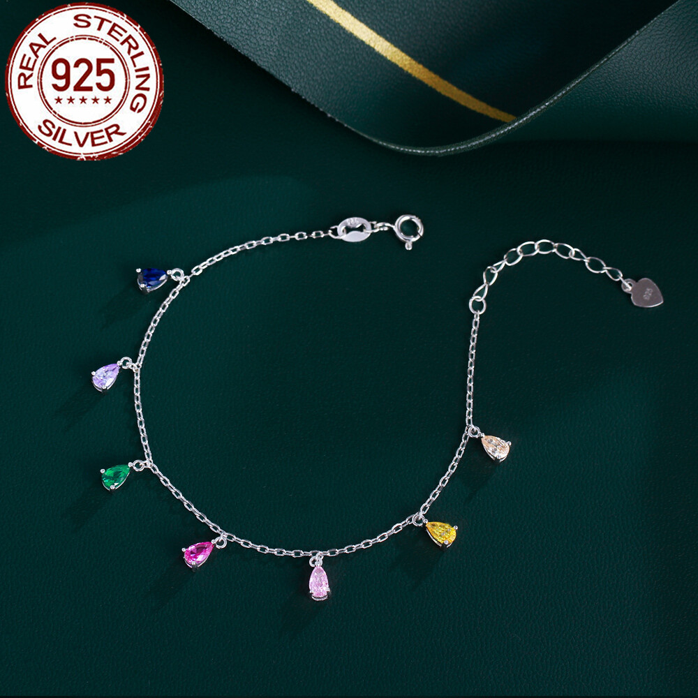 Rainbow CZ Adjustable 925 Sterling Silver Charm Drop Bracelet for Women