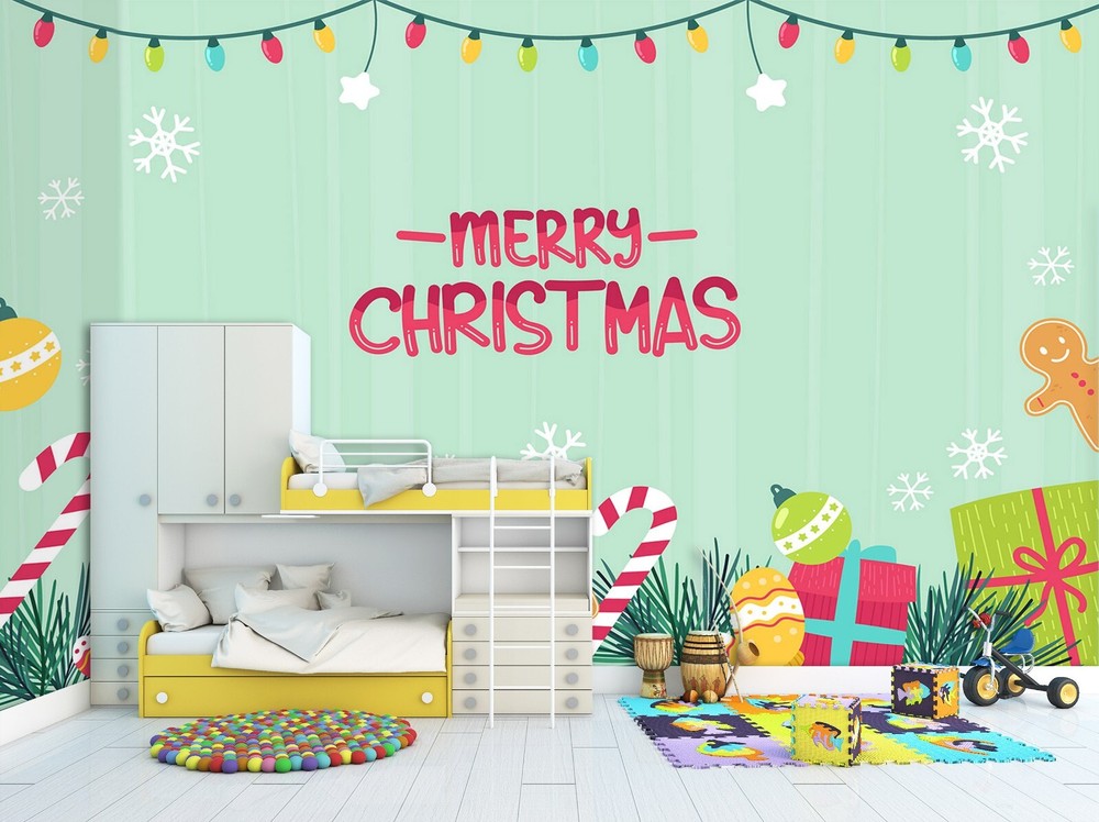 3D Merry Christmas Wallpaper ZHUA45577 Self-Adhesive Removable Wall Mural