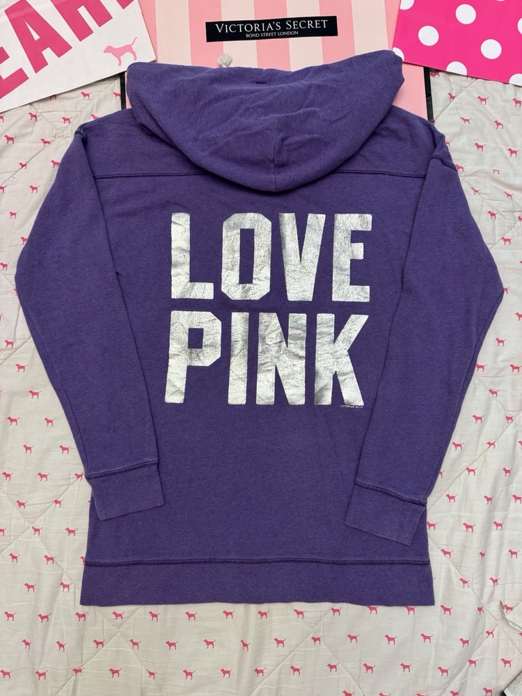 Vs Pink Vintage Y2K Full Zip Hoodie Sweatshirt Purple Silver Foil Love Dog Logo